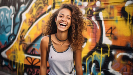 Positive trendy young adult belongs to youth subculture who have common clothes style and behaviour wears yellow vest has surprised happy look at camera poses against gra : Generative AIの素材