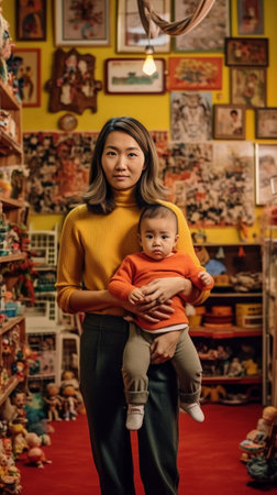 Photo of serious dad with baby items caring mother poses with newborn on hands stand together against vivid yellow background drying clothes on rope Parenting happy famil : Generative AIの素材