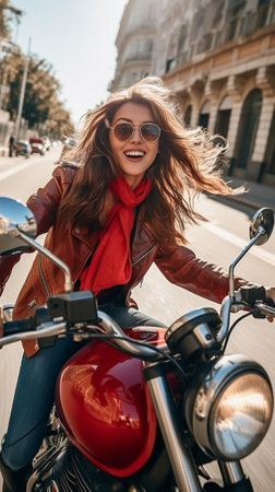 Active young female biker carries bag on back wears sunglasses and covers face with bandana rides on her favourite motorbike rides on asphalt road enjoys speed spends lei : Generative AIの素材