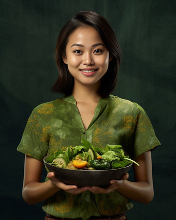 Positive Asian woman with dark hair dressed in nightgown looks away with happy expression holds two fresh green leeks going to make vegetarian salad has curlers on hair i : Generative AIの素材