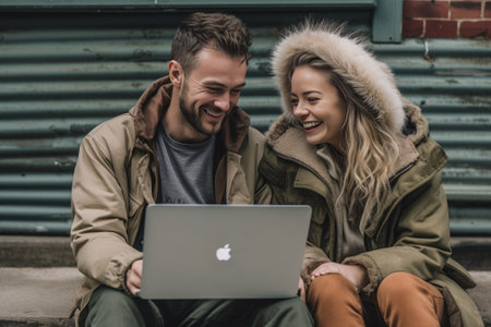 Outdoor shot of mixed race couple have attentive looks into laptop computer use laptop computer watch interesting video or movie have snack rest at bench against urban se : Generative AIの素材