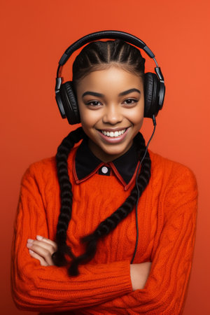 Studio shot of pretty dark skinned woman chooses song from playlist uses smartphone and wireless headphones dressed in long sleeved jumper isolated over orange background : Generative AIの素材