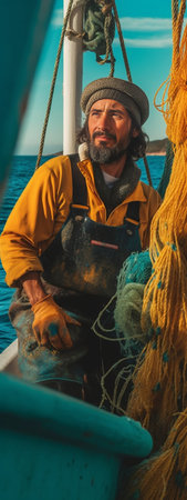 Strict bearded annoyed fisherman clenches fist angrily looks with frowned face uses fishing nets keeps smoking pipe in mouth wears yellow overalls poses against blue back : Generative AIの素材
