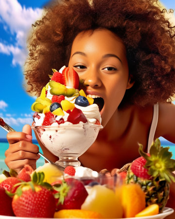 Sideways portrait of cheerful attractive young dark skinned female with bushy hairstyle eats dessert at restaurant poses at camera with glad expression has summer vacatio : Generative AIの素材