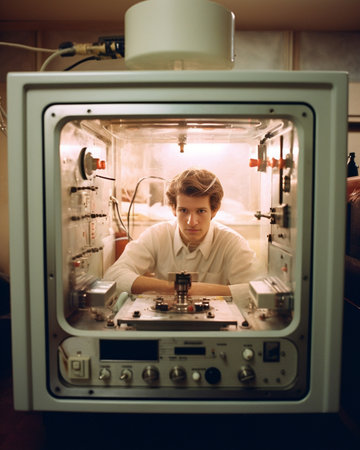 Young male dentist places medical autoclave for sterilising surgical and other instruments : Generative AIの素材