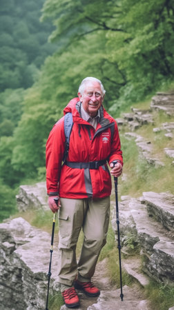 Positive male traveler uses trekking sticks for walking in forest spends vacation actively smiles positively dressed in stylish headgear and red jacket has binoculars on  : Generative AIの素材