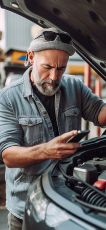 Young brutal caucasian male looking at camera Sits near car talking on cell phone because his automobile broken Man in sunny summer day trying to call service that they h : Generative AIの素材