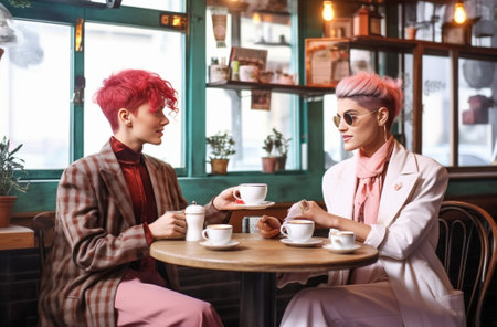 Samesex homosexual female partners drinking coffee and eating cakes at restaurant while celebrating their relationships anniversary holding hands and looking at camera wi : Generative AIの素材