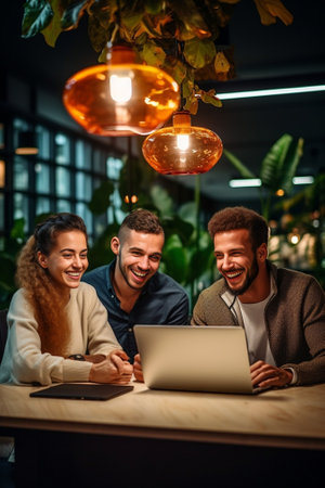 Shot of happy freelancers sit at desktop write records in organizer make payment on mobile phone surf internet website pose at table in cafeteria eat exotic fruit salad n : Generative AIの素材