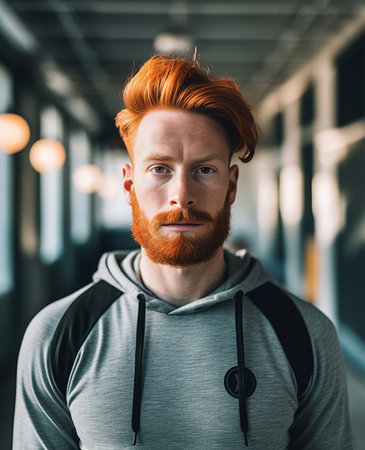 Isolated studio shot of young handsome redhead hipster man wearing trendy jacket looking serious and pensive at camera Fashionable Caucasian businessman with stylish hair : Generative AIの素材