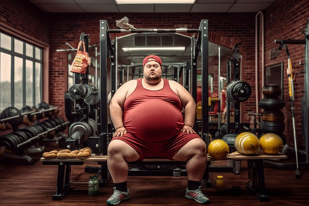 Photo of greedy fat man looks above surprisingly raises dumbbells poses with products goes in for sport being crazy food lover tries to lose weight and be fit Healthy lif : Generative AIの素材