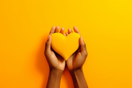 Horizontal shot of happy women and men show heart gesture express love say be my valentine keep hands on chest feel thankful isolated on yellow background confess in trut : Generative AIの素材