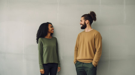 Sideways portrait of Afro American cheerful male with crisp hair smiles gently wears green sweater looks into distance as waits for girlfriend isolated over white backgro : Generative AIの素材