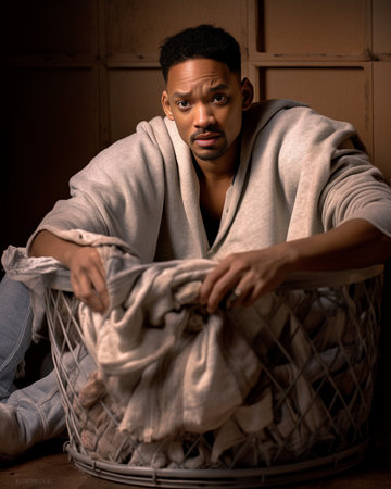 Dejected puzzled black African American guy carries basin with linen has sorrowful facial expression frustrated to have much work looks with stressful face has no time fo : Generative AIの素材