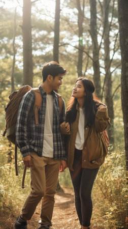Studio portrait of unhappy male and female tourists with backpack camera and binoculars scratching their hands with unhappy look after walk in deep forest People adventur : Generative AIの素材