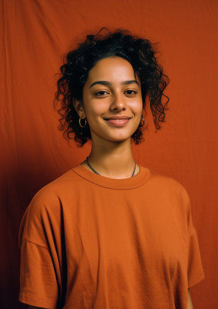 Portrait of satisfied dark skinned female model with Afro haircut gentle smile dressed in casual orange jumper looks straightly at camera pose over blue studio wall for m : Generative AIの素材