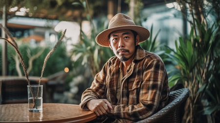 Side view of attractive young hipster in hat sitting alone at pavement cafeteria resting his elbow on massive wooden table having coffee and contemplating beautiful exoti : Generative AIの素材