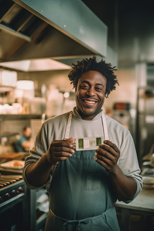 Baking process Cheerful dark skinned African American male wears apron kneads dough with great enthusiasm being content to recieve praise from chef for endeavour and hard : Generative AIの素材