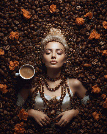 Preparing coffee Overhead shot of human fully drowned in aromatic brown beans shows only nose enjoys pleasant scent Freshly roasted seeds for caffeine beverage Making tas : Generative AIの素材