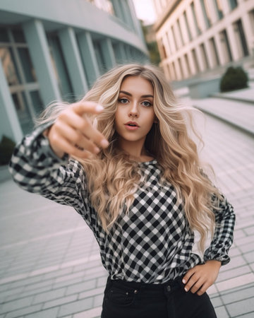 Carefree glad millennial girl with trendy hairstyle makes selfie photo on smartphone smiles positively wears fashionable outfit poses against urban background during dayt : Generative AIの素材