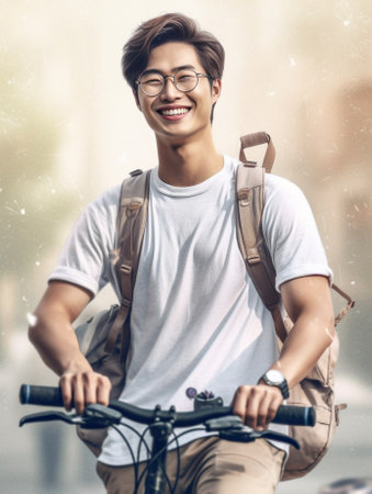 Hipster man standing with takeaway coffee smiling plesantly into camera going to have trip with his friends on bicycle Happy carefree handsome guy in eyewear isolated ove : Generative AIの素材