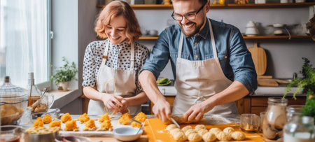 Glad pretty housewife show well made dough to husband feel proud of cooking mastery Affectionate husband helps wife with baking doughnut mix eggs in bowl Teamwork baking  : Generative AIの素材