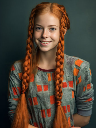 Pretty girl with green eyes and freckles smiling joyfully tying her long red hair in ponytail getting ready before going out to cinema with friends Young Caucasian female : Generative AIの素材