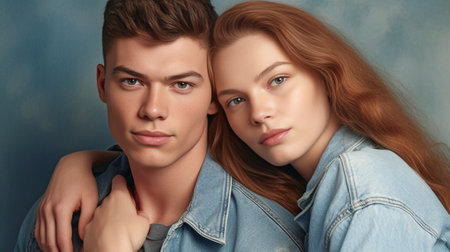 Fashion portrait of trendylooking young redhead man with short wavy hair wearing darkblue tshirt with floral design standing close to charming freckled female who is hold : Generative AIの素材