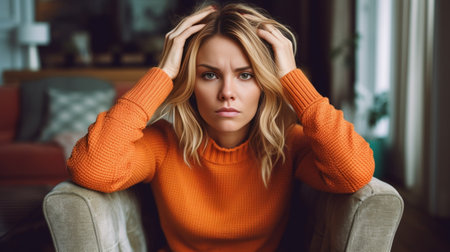 Who cares Pretty smiling light haired woman spreads palms and feels hesitant doesnt know how to help you in this situation wears orange knitted sweater stands clueless in : Generative AIの素材
