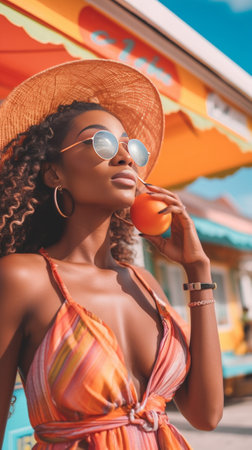 Carefree positive dark skinned woman holds delicious ice cream popsicles on stick has fun during summer time wears stylish sunglasses yellow robe wrapped towel on head ha : Generative AIの素材