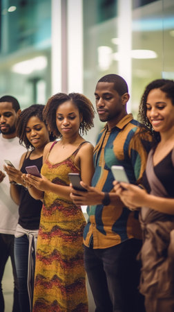 Smiling African American friends meet together at cafe use modern technologies for entertainment Dark skinned delighted young female and male hold smart phones download n : Generative AIの素材