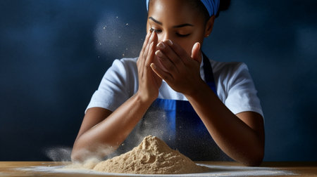 Baking concept Hard working unrecognizable black male prepares pastry by himself kneads dough on wooden counter with flour and rolling pin Male African American cook bake : Generative AIの素材