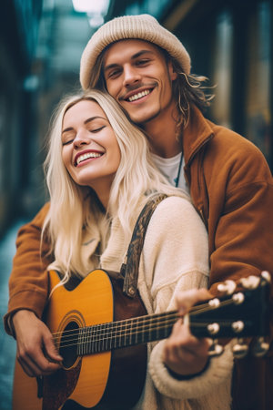Outdoor portrait of cheerful woman in black hat and mantlet pointing with fingers at her boyfriend while standing at meadow Young musician playing guitar trying to amuse  : Generative AIの素材