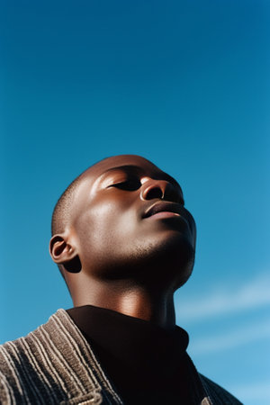 Close up view of handsome happy darkskinned man with healthy skin and cheerful smile looking into distance squinting his eyes while relaxing alone outdoors enjoying sun a : Generative AIの素材