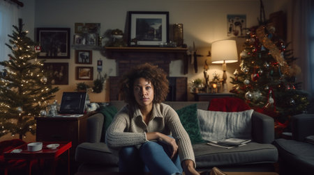 Indoor image of exhausted ethnic young woman with curly hair and dark skin keeps hands on cheeks tired of boredom stays at home alone decorates house for Christmas holida : Generative AIの素材