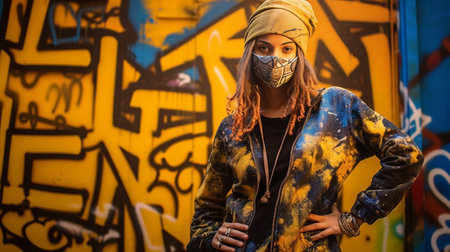 Modern urban girl makes funny grimace crosses eyes has dreadlocks dark skin stands against drawn graffiti wall being member of hooligan gang foolishes around Street lifes : Generative AIの素材