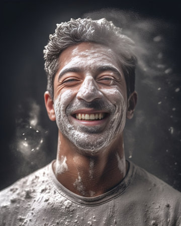 Close up portrait of dark skinned male being satisfied after baking something delicious roundes lips and closes eyes in enjoyment has dirty face with flour poses against  : Generative AIの素材