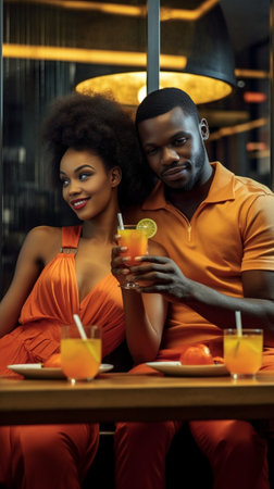 Couple in love spending nice time at restaurant Charming young mixedrace female having fresh orange juice and smiling happily sitting at cafe table in front of unrecogniz : Generative AIの素材