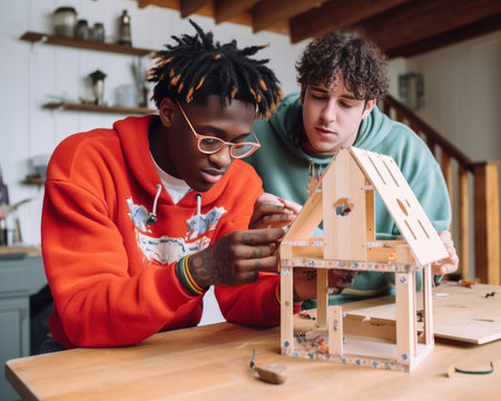 Coworkers from construction company estimating the house prototype Bold man in spectacles holding tiny cupboard building in hands AfricanAmerican pointing at details and  : Generative AIの素材