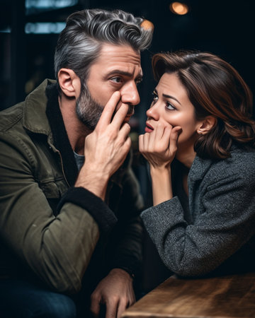 Attractive stylish young couple of European travelers feeling bored or tired unshaven man covering mouth while yawning his girlfriend looking at camera with bored disinte : Generative AIの素材