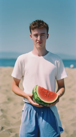 Waist up shot of smiling man enjoys summer day holds slice of fresh ripe watermelon wants to eat delicious fruit wears casual white t shirt isolated on blue background ha : Generative AIの素材