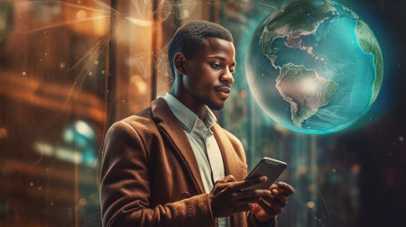 African male enterpreneur holds modern cell phone with futuristic mobile application in hands sends messages has overjoyed expression Double exposure and visual effects F : Generative AIの素材