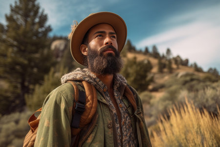 Handsome bearded biologist wearing hat holding leaf of green plant looking with friendly and caring expression during his environmental studies at work field Male scienti : Generative AIの素材