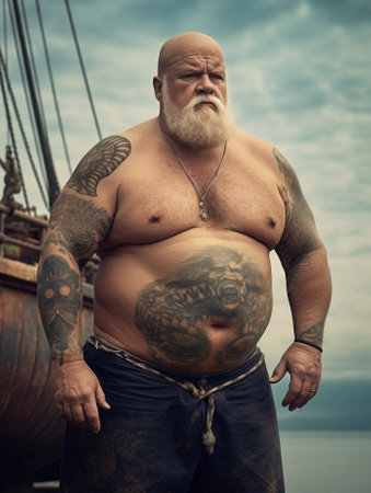 Happy pleased sailor keeps hand on big stomach smokes pipe and enjoys beach party poses with fishing net stands indoor in traditional clothing Succesful fisherman on sea  : Generative AIの素材