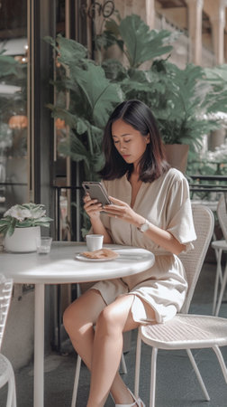 Cropped shot of beautiful female in shades rests at hot exotic country spends free time at outdoor cafe enjoys online communication uses modern electronic gasgets and hig : Generative AIの素材