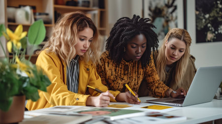 Multiracial women architects discuss future engineering project does paperwork pose at dekstop create blueprints isolated over yellow background have informal meeting at  : Generative AIの素材