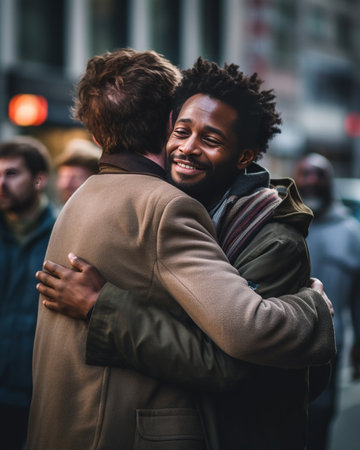 Im always here for you Indoor shot of warmhearted young African American man showing compassion to unrecognizable male patting him on shoulder while trying to comfort and : Generative AIの素材