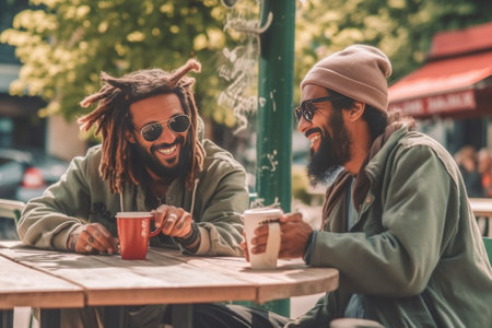 Best friends sitting at cafe in city park drinking fresh juice Caucasian woman and darkskinned man chatting laughing having good time together man closing his girlfriends : Generative AIの素材