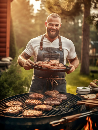Handsome cheerful man gets ready for barbecue wants to fry piece of meat on grill shows raw pork cooks supper has tattooes dressed in black uniform and cap models over ye : Generative AIの素材
