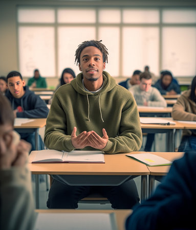 Horizontal portrait of mixed race male student sits at chair near classroom being glad to pass exam successfully holds tablet in hands plays games online as waits for gro : Generative AIの素材